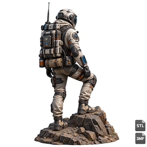 May include: A detailed figurine of an astronaut standing on a rocky base, wearing a beige and grey tactical suit with a large backpack, antenna, and various utility pouches. The figure features a helmet, knee pads, and a wrist-mounted display screen.