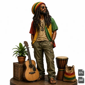 May include: A figurine of a person with dreadlocks wearing a red, yellow, and green knit cap, sunglasses, a peace sign necklace, and a short-sleeved shirt in red, yellow, and green. The figure stands with a wooden acoustic guitar, a potted plant, a djembe drum, and a striped bag.