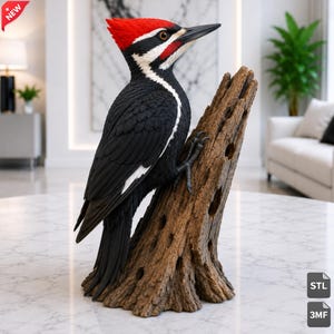 Può includere: Una scultura dettagliata di un picchio con piume nere, una striscia bianca sulla gola e una cresta rossa vibrante. L'uccello è appollaiato su un tronco d'albero marrone testurizzato con diversi piccoli fori, catturando la sua postura naturale.