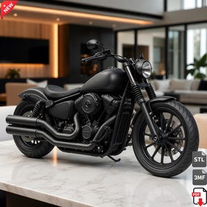 Può includere: Una moto nera opaca con un sedile singolo, faro rotondo e tubi di scarico neri. La moto è esposta su una superficie di marmo. La parola "NEW" si trova nell'angolo in alto a sinistra.