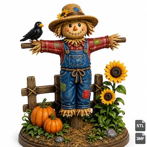 May include: A scarecrow figurine wearing a straw hat with a sunflower, a red plaid shirt, and blue denim overalls with patches. A black crow sits on its arm. The scene includes two orange pumpkins, a wooden fence, and two sunflowers.