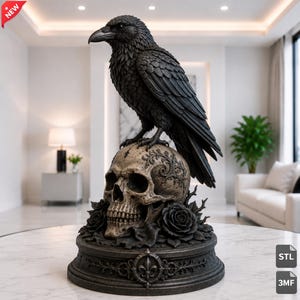 Cuervo gótico (archivos STL y 3MF), escultura realista de cuervo posado sobre una calavera, archivo para impresión 3D, decoración oscura, descarga digital.