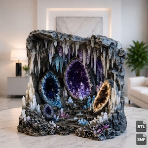 May include: A decorative cave sculpture featuring a dark, textured rock exterior with numerous hanging stalactites and various crystal geodes in shades of deep purple, blue, and amber. The interior floor is lined with smaller, scattered crystal clusters.