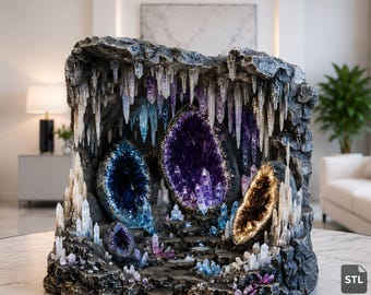 Realistic Crystal Cave STL & 3MF File, Giant Geode Cavern Scene, High Detail 3D Print Model, Digital Download