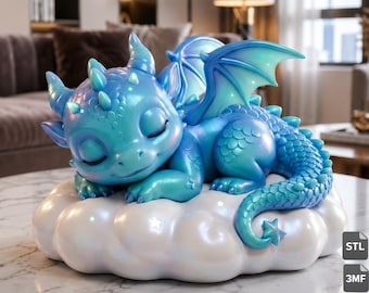 Lindo dragón azul durmiendo en una nube (archivos STL y 3MF) – Descarga digital para impresión 3D