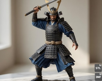 Descarga de archivos STL y 3MF de guerrero samurái para impresión 3D – Estatua japonesa con katana