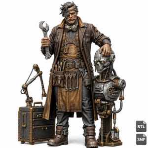 Könnte beinhalten: Eine detaillierte Mechaniker-Figur in braunem Ledermantel, Schürze und Schutzbrille, die einen Schraubenschlüssel hält. Daneben stehen ein metallischer Roboter-Torso und ein Werkzeugkasten mit Gelenkarm. Das Bild enthält die Textbeschriftungen STL und 3MF.