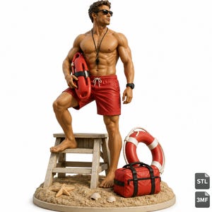 May include: A muscular lifeguard figurine wearing red swim trunks, dark sunglasses, and a whistle on a black cord. The figure stands on a sandy base with a wooden step stool, a red rescue buoy, a red life ring, a red duffel bag, and seashells.