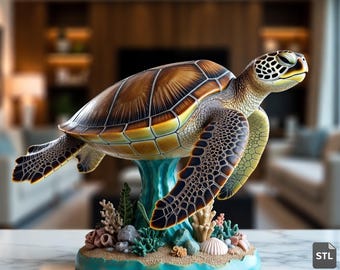 Archivo STL realista de tortuga marina / Escultura de fauna marina / Estatua de animal oceánico para impresión / Descarga digital 3MF
