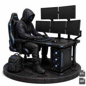 May include: A figurine of a hooded figure in black clothing sitting in a gaming chair at a desk with five computer monitors, a keyboard, a mouse, and a computer tower with blue lights. A black backpack sits on the circular base near the chair.