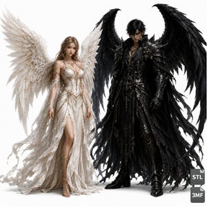 May include: A digital illustration of two figures with large wings. One figure wears a flowing white gown with gold accents and white feathered wings. The other figure wears a dark, ornate black suit with large, tattered black wings. Text reads STL 3MF.