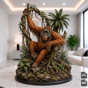 Könnte beinhalten: Eine detaillierte Skulptur eines Orang-Utans mit rotbraunem Fell, der auf einem moosigen Baumstamm mit Ranken und einer kleinen Palme sitzt. Der Orang-Utan ist so positioniert, dass ein Arm erhoben ist und eine Ranke hält, während der andere auf dem Knie ruht.