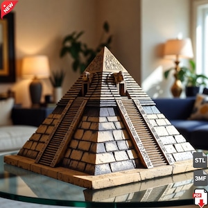 May include: A detailed, miniature replica of an Egyptian pyramid. The model is constructed from tan and brown materials, featuring intricate carvings, steps, and hieroglyphic details. The pyramid has a flat base and a pointed top, with a 'NEW' label in the top left corner.