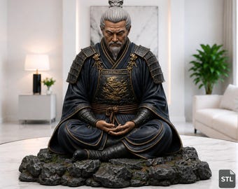 Archivo STL y 3MF de un samurái anciano realista, estatua de guerrero meditando, modelo de impresión 3D de alta calidad, descarga digital.