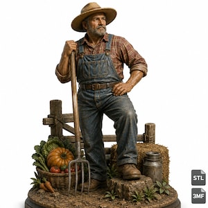 May include: A detailed figurine of a bearded farmer wearing a straw hat, a plaid shirt, and denim overalls. The figure stands by a wooden fence, holding a pitchfork, with a basket of vegetables, a bale of hay, and a metal milk can nearby.