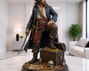 Archivo STL y 3MF de pirata realista, estatua de capitán con cofre del tesoro, modelo de impresión 3D de alta calidad, descarga digital.