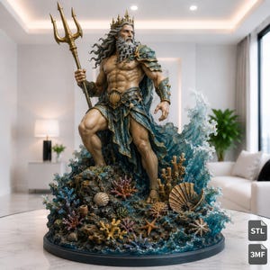 Könnte beinhalten: Eine detaillierte Statue einer bärtigen Figur mit Krone, die einen goldenen Dreizack hält. Die Figur steht auf einem felsigen Sockel, der mit bunten Korallen, Muscheln und Seesternen verziert ist, umgeben von blauen Wellen. Text STL und 3MF.