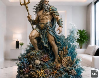 Realistic Poseidon STL & 3MF File, Sea God with Trident Statue, High Detail 3D Print Model, Digital Download