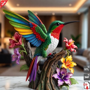 May include: A colourful hummingbird ornament perched on a faux wooden branch, surrounded by flowers. The bird has a red throat, green back, and wings with yellow, blue, and green accents. The sculpture is a decorative piece.