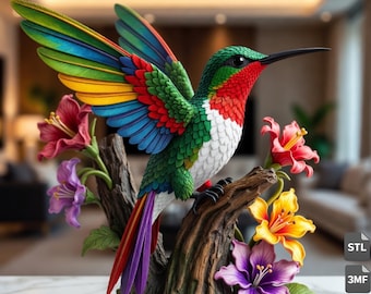 Realistic Hummingbird STL & 3MF File for 3D Printing – Floral Wildlife Statue Download