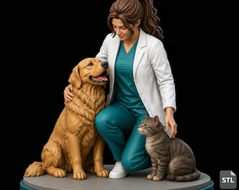 Realistic Veterinarian STL & 3MF File, Caring Animal Doctor with Dog and Cat, High Detail 3D Print Model, Digital Download