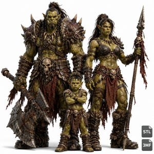 May include: A family of three green-skinned orc figures featuring a large warrior with a double-bladed axe, a smaller warrior holding a spear, and a child standing in the center. All figures wear dark brown leather armor with skull accents.