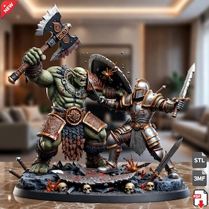 May include: A detailed miniature figurine depicting a green-skinned orc warrior wielding a large double-headed axe and a silver-armored knight holding a sword and shield. The figures stand on a rocky base scattered with small skulls and debris.