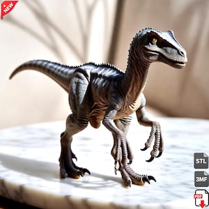 May include: A detailed, grey and blue dinosaur figurine with a textured surface. The model has sharp claws, a long tail, and yellow eyes. The figurine is standing on a white surface. The word "NEW" is in the upper left corner.
