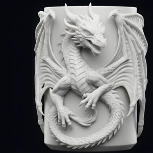 Fantasy dragon beverage can sleeve with highly detailed sculpted dragon features designed as a decorative 3D printable cover for standard 330ml and 12 oz cans