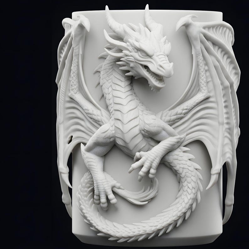 Fantasy dragon beverage can sleeve with highly detailed sculpted dragon features designed as a decorative 3D printable cover for standard 330ml and 12 oz cans