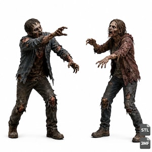 Puede incluir: Dos figuras detalladas de zombis en una pose dinámica de alcance. La figura de la izquierda viste una camisa azul abotonada hecha jirones y pantalones oscuros. La de la derecha viste una chaqueta con capucha marrón rojiza y pantalones oscuros.