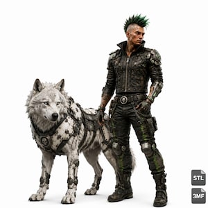 May include: A character with a green mohawk wearing a black tactical jacket, dark trousers with green accents, and metal armour pieces, standing beside a large white wolf wearing white and metal armoured plating with skull emblems on a white background.