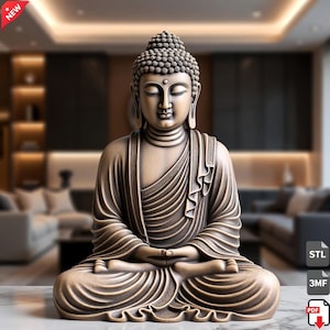 Puede incluir: Estatua de Buda de color bronce en posición de meditación sentado. La estatua presenta detalles intrincados en el cabello, las túnicas y los rasgos faciales. El fondo está borroso. Una etiqueta "NEW" está en la esquina superior izquierda.