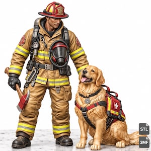 Puede incluir: Una figura detallada de un bombero con equipo de protección color canela con franjas reflectantes amarillas, casco rojo y máscara de gas negra, sosteniendo un hacha roja. Junto al bombero se sienta un golden retriever con un arnés rojo con una cruz blanca.