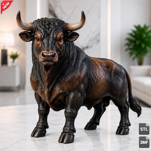 May include: A dark brown and black bull figurine with prominent curved horns, detailed muscular texture, and a realistic facial expression. The sculpture stands on four legs with cloven hooves, showcasing a deep bronze-toned finish throughout.