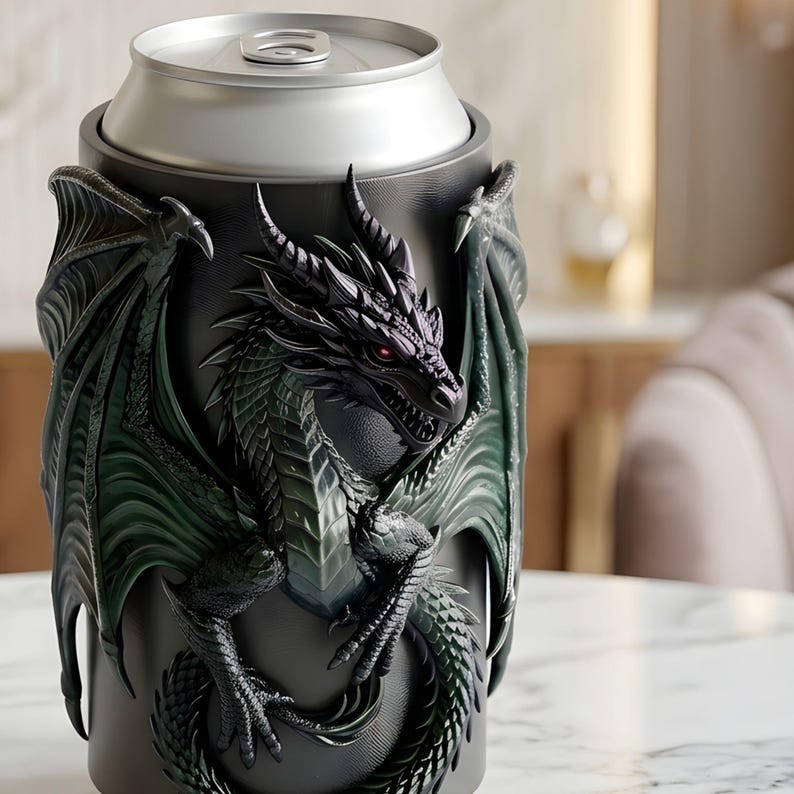 Dark fantasy dragon drink can sleeve designed for 3D printing with intricate dragon scales, sculpted details and a dramatic medieval fantasy appearance