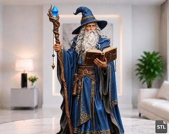 Mago anciano realista (archivos STL y 3MF), estatua de mago sabio con libro de hechizos, modelo 3D de alta calidad para impresión, descarga digital.