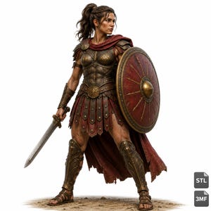 May include: A warrior figure wearing detailed bronze-toned chest armor, shoulder pauldrons, and greaves, paired with a deep red cape and skirt. The figure holds a metallic sword in one hand and a large, circular red shield with gold-toned accents.