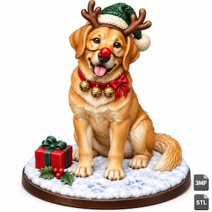 May include: A golden retriever figurine wearing a green knit hat with brown reindeer antlers, a red nose, and a red collar with gold bells and a bow. The dog sits on a textured white snowy base next to a red gift box with a green ribbon.