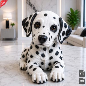 May include: A white and black spotted Dalmatian puppy figurine in a lying position. The puppy has dark brown eyes, a black nose, and floppy ears. The surface of the figurine shows detailed fur texture and distinct black spots across its body.