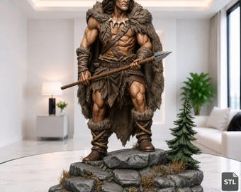 Mamut cazador realista (archivos STL y 3MF), estatua de guerrero prehistórico con lanza, modelo 3D de alta calidad para impresión, descarga digital.
