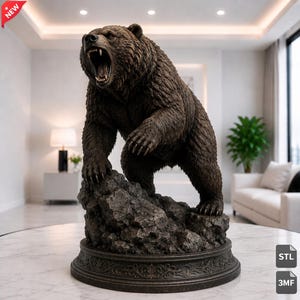 Realistisk rytande björn STL & 3MF-fil, vild grizzly på stenig bas, 3D-utskriftsfil, djurskulptur, digital nedladdning