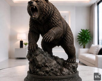 Oso rugiendo realista (archivos STL y 3MF), oso grizzly salvaje sobre base rocosa, archivo para impresión 3D, escultura de vida silvestre, descarga digital.