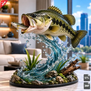 May include: A detailed sculpture of a largemouth bass leaping from water with its mouth open, catching a smaller fish. The scene includes translucent blue water splashes, green aquatic plants, and textured rocks on a circular black base.