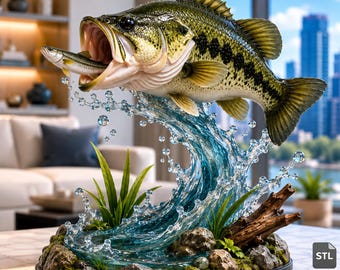 Archivo STL realista de lubina de boca grande, modelo 3D de pez de agua dulce saltando para impresión, escultura de trofeo de pesca, coleccionable imprimible 3MF
