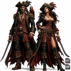 Può includere: Due figure di pirati in piedi fianco a fianco, che indossano cappotti scuri con spalline dorate, gilet rossi e cappelli a tricorno con emblemi di teschi. Entrambe le figure impugnano sciabole ricurve. Un pappagallo colorato è sulla spalla sinistra.
