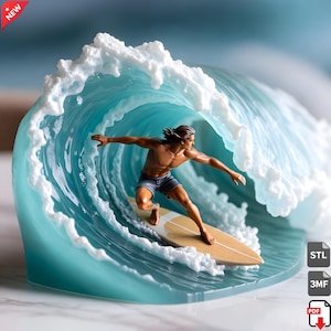 May include: A sculpture of a surfer riding a wave. The wave is a translucent teal color with white foam. The surfer is brown-skinned, wearing blue shorts, and riding a wooden surfboard. The sculpture is on a white surface.