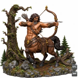 Könnte beinhalten: Eine detaillierte Figur eines Zentauren-Bogenschützen mit muskulösem menschlichem Oberkörper und braunem Pferdekörper, der einen Holzbogen mit einem Pfeil spannt. Der Zentaur trägt Lederrüstung und einen Köcher mit Pfeilen neben einem Baum.