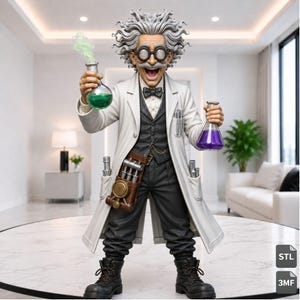 Realistic Mad Scientist STL & 3MF File, Eccentric Inventor with Laboratory Flasks, High Detail 3D Print Model, Digital Download