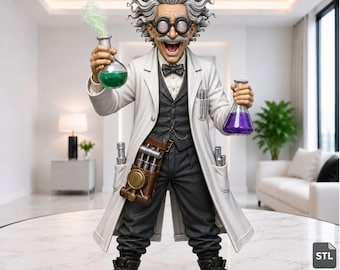 Modelo 3D realista de científico loco (archivos STL y 3MF), inventor excéntrico con matraces de laboratorio, modelo de impresión 3D de alta calidad, descarga digital.